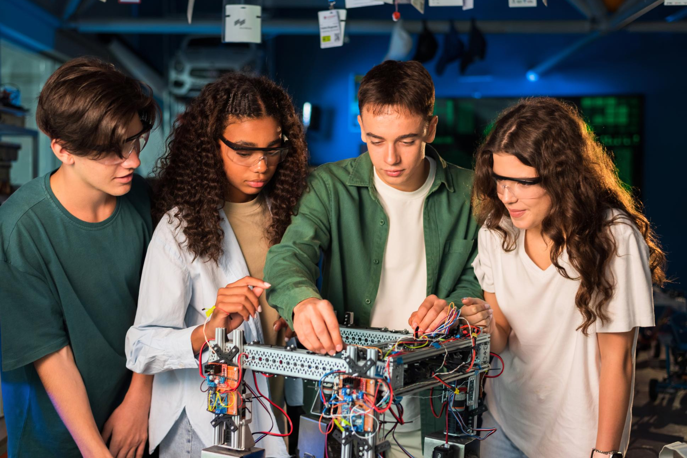 Students assembling an electronics and robotics project